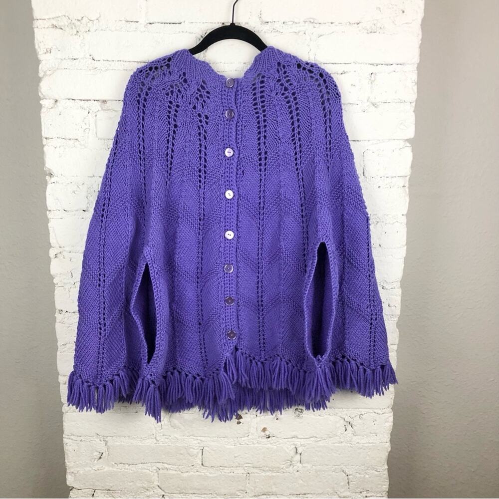 Vintage Handmade Purple Knit Fringe Poncho